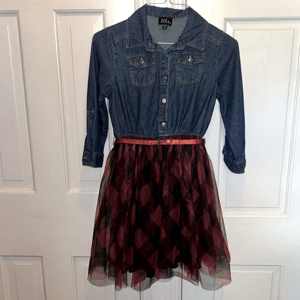 Lilt size 10/12 denim and plaid dress with belt.